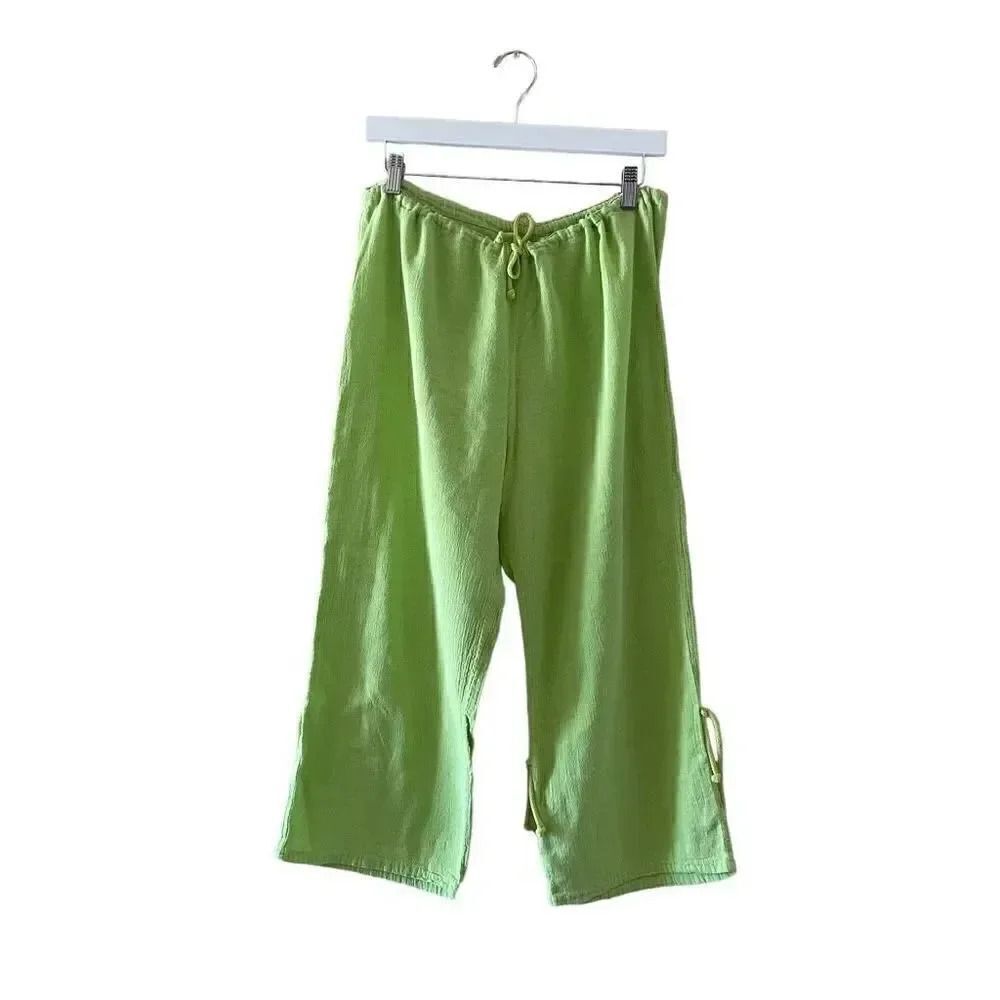Dunes Lime High Rise Elastic Waist Wide Leg Y2K Capri Lightweight Pants M #1275
